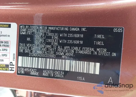 2025 Lexus Nx 250 z USA, uszkodzony, nr VIN 2T2ADCAZ6SC029983